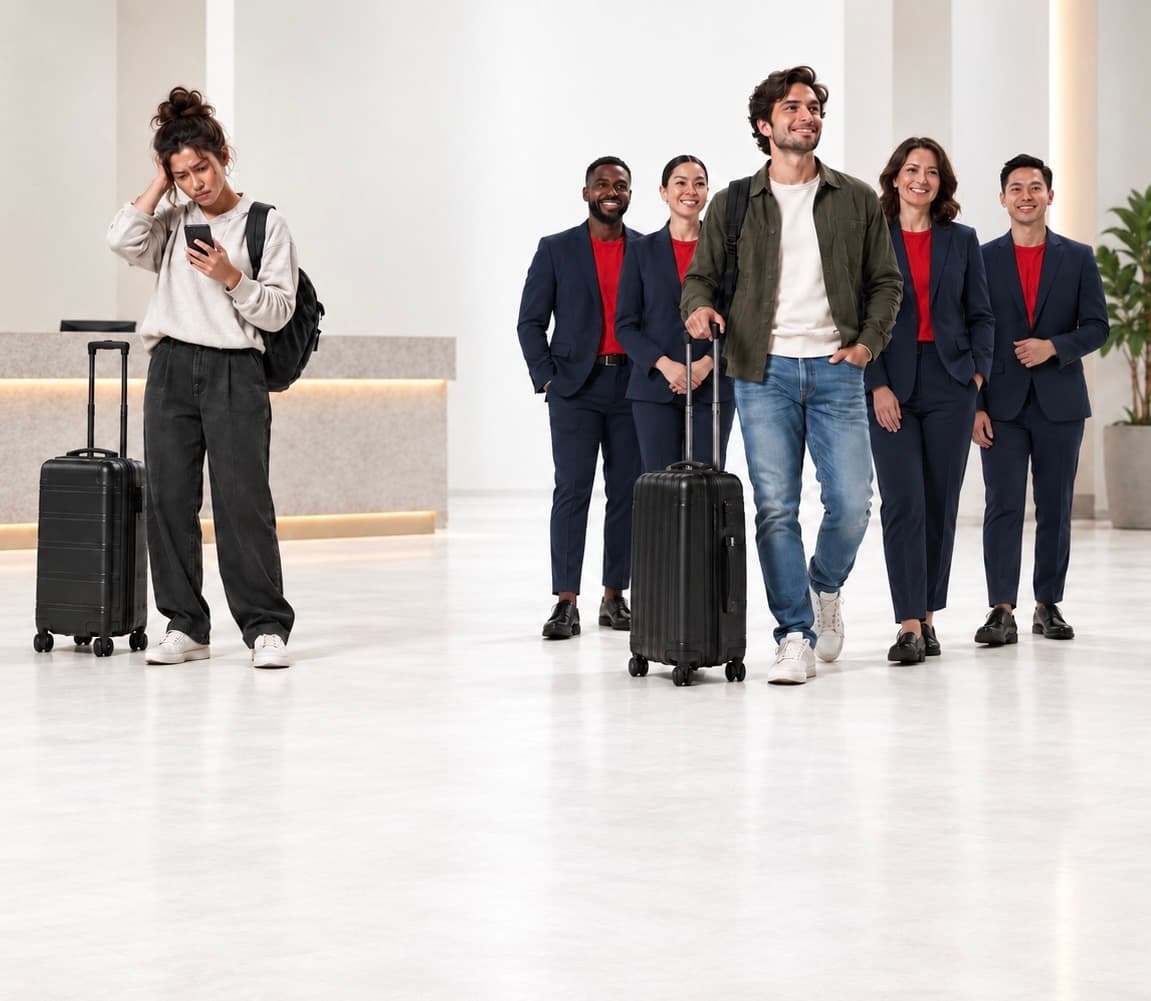 A hotel lobby. One guest stands alone with her phone and her bag. Another guest walks in with five Roomza staff behind him.