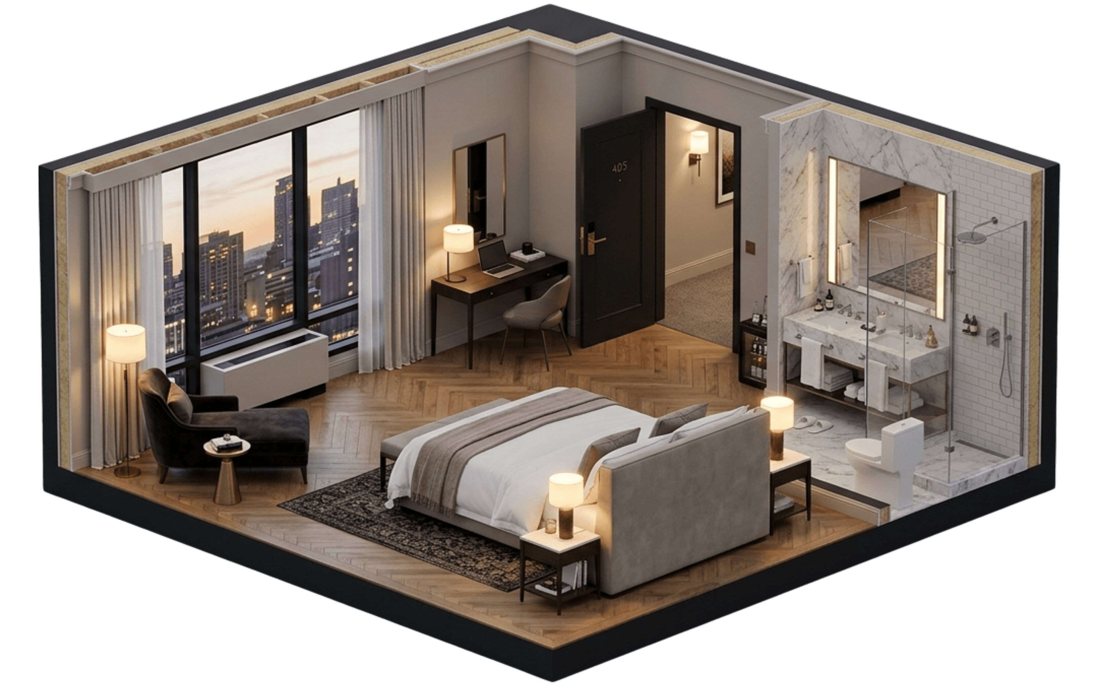 Cutaway of a hotel room with Roomza scores pinned to the view, bed, bathroom, noise, cleanliness, room size, and temperature